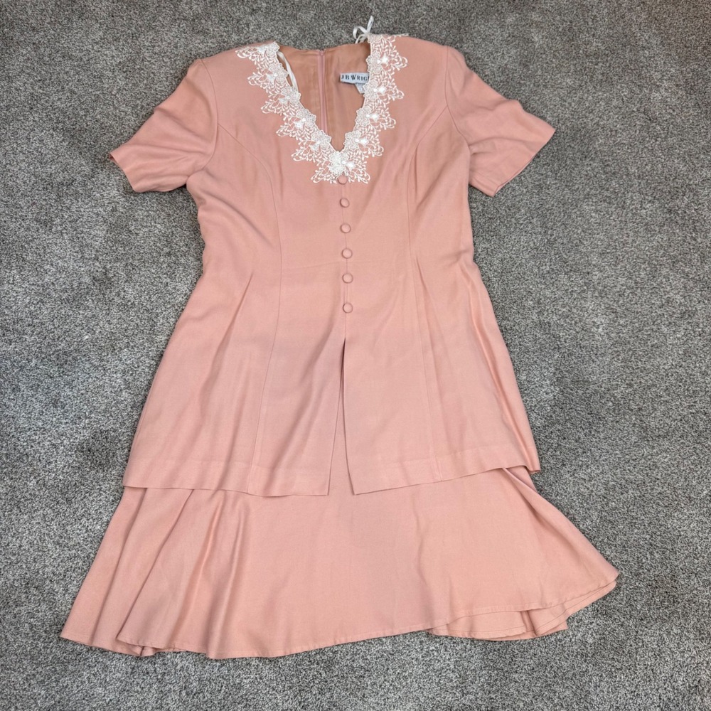 Vintage JB Wright Pink Lace Trim Layered Skirt Dress Size 14 Made in USA Retro